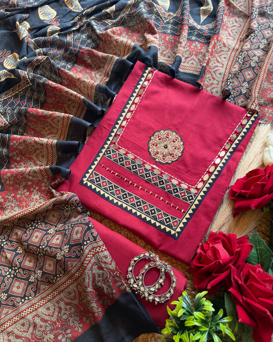 Ajrakh glass neck handloom cotton suit set