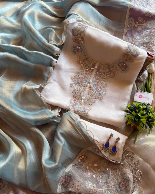 Cream crushed tissue suit set with cross stitch embroidery and shaded pure silk dupatta