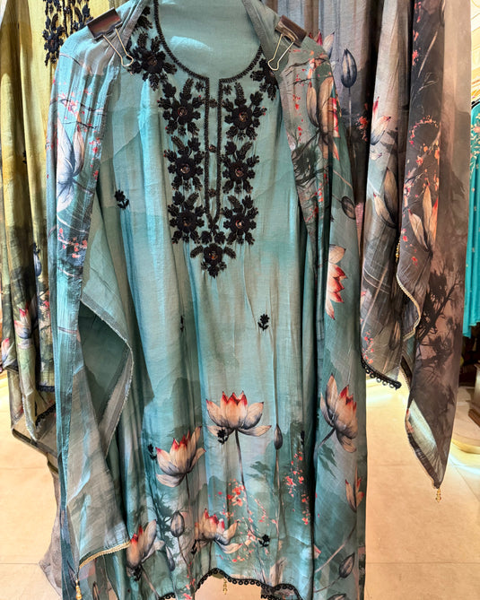 Muslin digital printed embroidered neck suit set