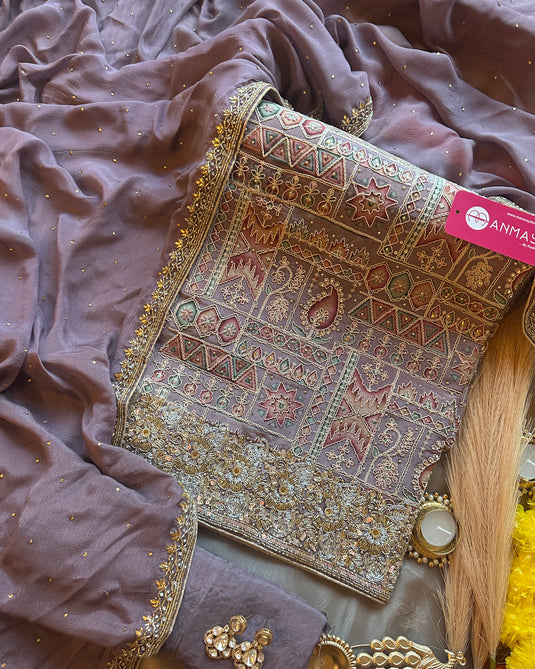 Assorted Chinnon suit set with hand work highlights