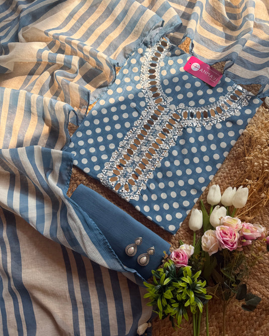 Mul cotton polka dots mirror work suit set