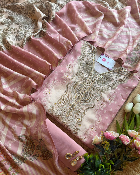 Pakistani Muslin highlighted semi stitched suit set