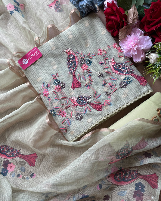 Coloured Kota banarasi knot work suit set with printed Kota dupatta