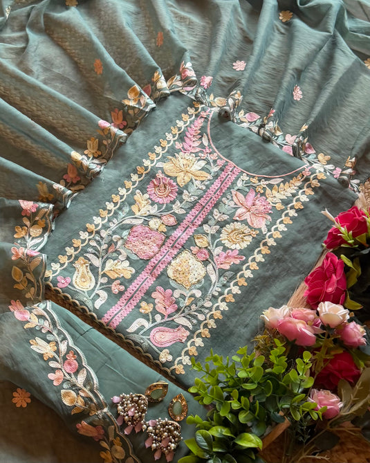 Coloured aari work mul chanderi suit set