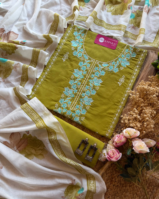 Machine embroidered cotton suit set with floral mul dupatta