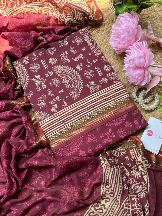 Wine shade warli print cotton suits