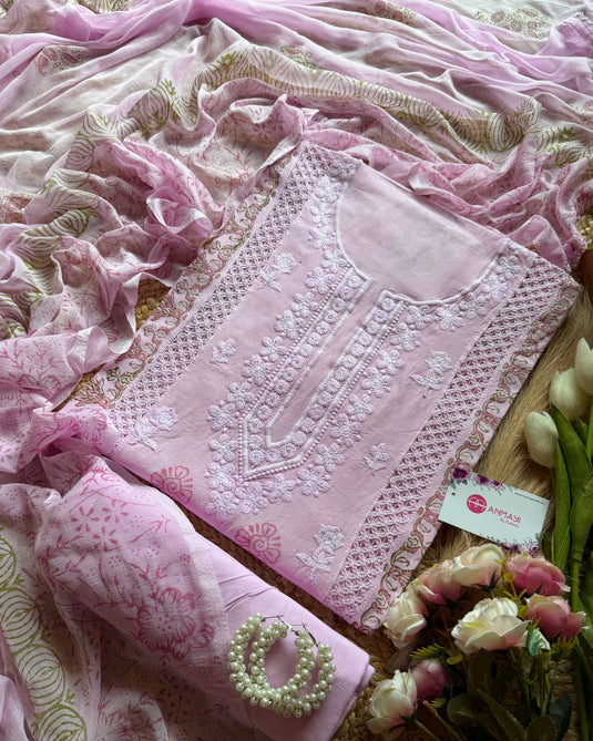 Soft cambric neckline suit set with chiffon dupatta