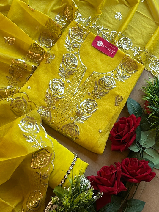 Rose Mul Chanderi pita work suit set