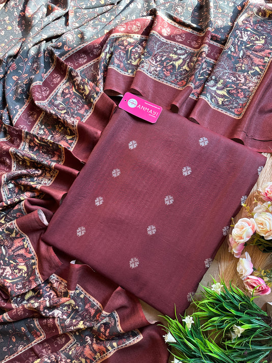 Banarasi weave pure pashmina suit set with printed shawl