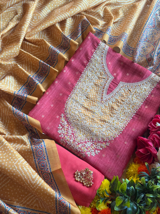 Patched bandhani Dori art Tussar silk suit set