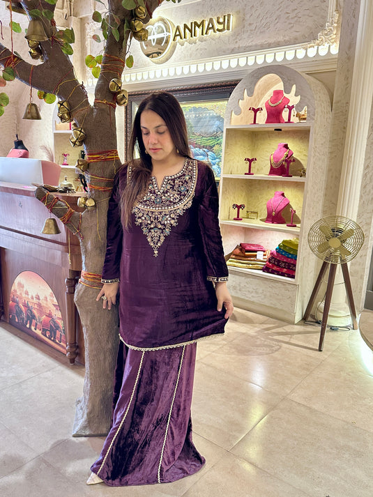 Zareen pure velvet sharara handwork suit set