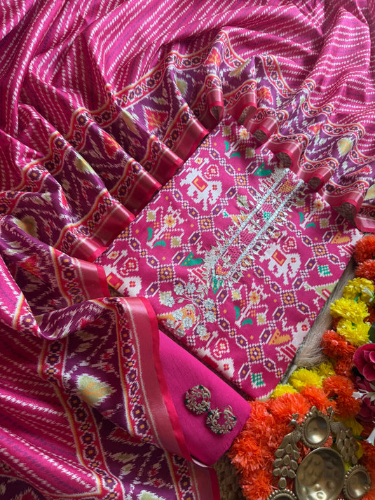 Semi Tussar pita neck patola print suit set
