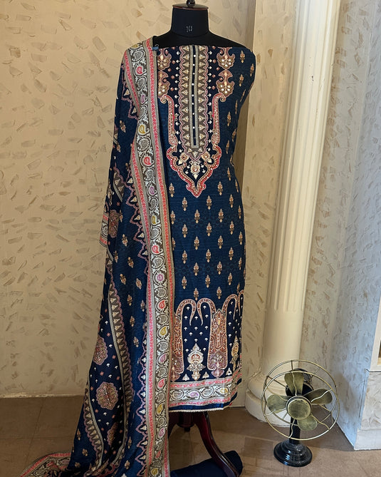 Arabic print raw silk mirror work suit set