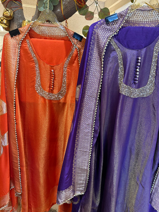 Shimmer lines u neck cutwork suit set