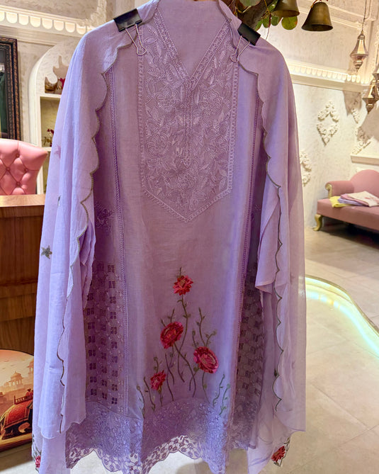 Pakistani Crochet Cutwork detailed Mul Chanderi suit with shimmer effect