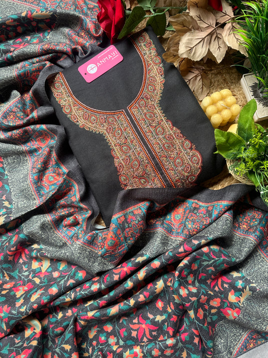 Aari work neck woollen suits with Kani print shawls