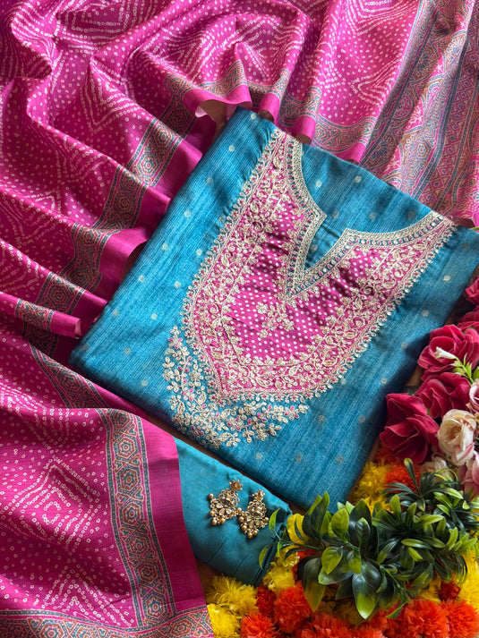 Patched bandhani Dori art Tussar silk suit set