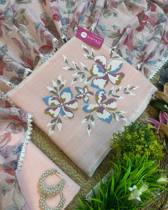 Kota Doria linen fusion cross stitch work suit
