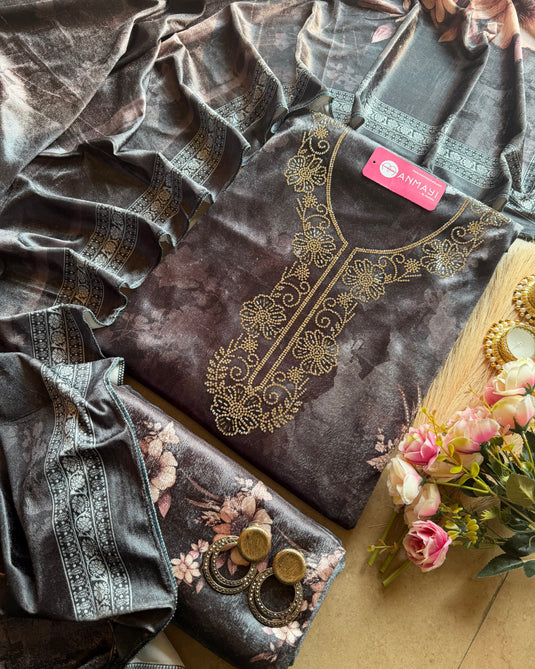 Printed floral velvet Swarovski work suit set