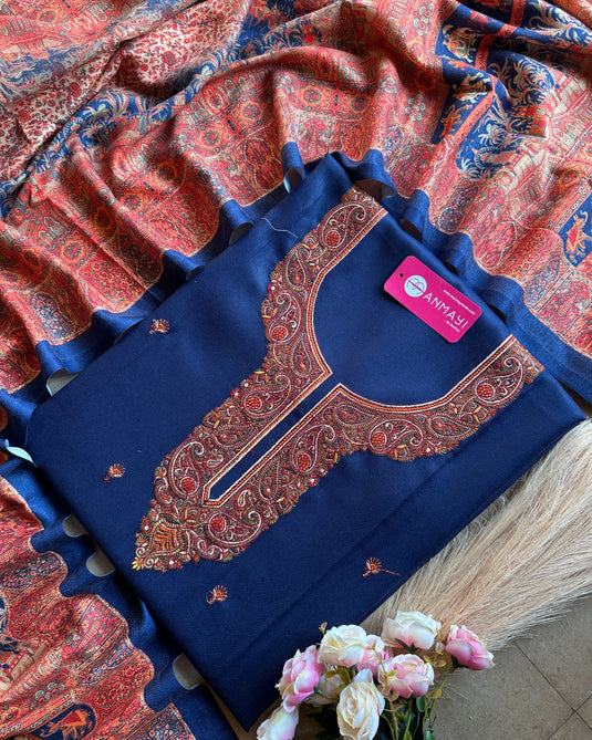 Aari work woollen suit set with highlighted