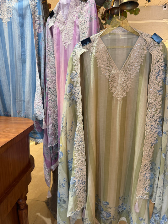 Stripy pure Mul pastel suit set with Dori weave and floral dupatta