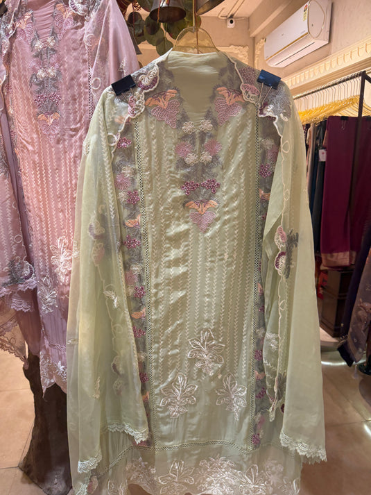 Pakistani organza coloured machine work suit set