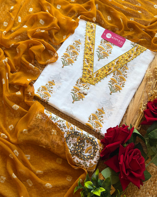 Block printed V neck suit set with chiffon bandhani dupatta