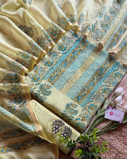 Mughal floral booti block print pure Mul Chanderi suit set