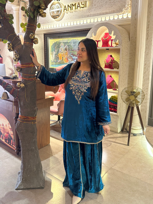 Zareen pure velvet sharara handwork suit set