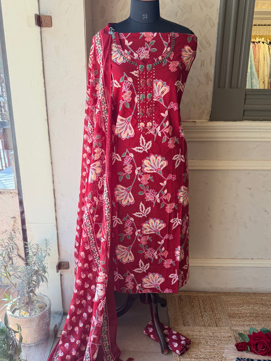 Printed Cambric cotton embroidered neck suit set