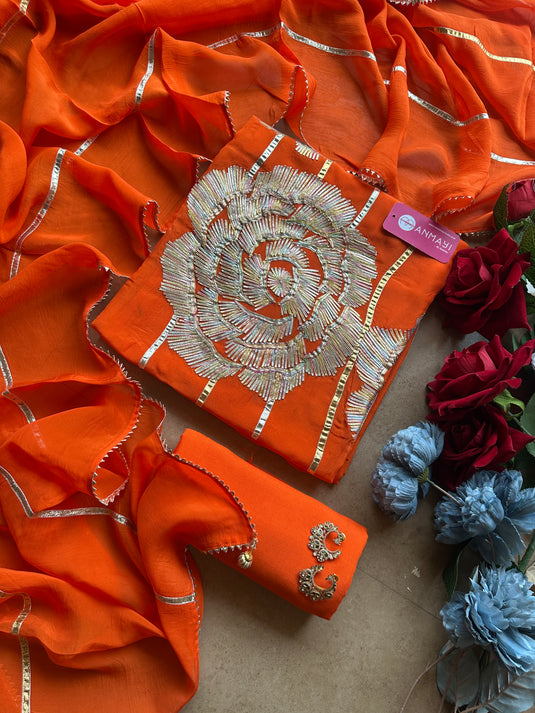 Coloured gotta flower pure organza suit set