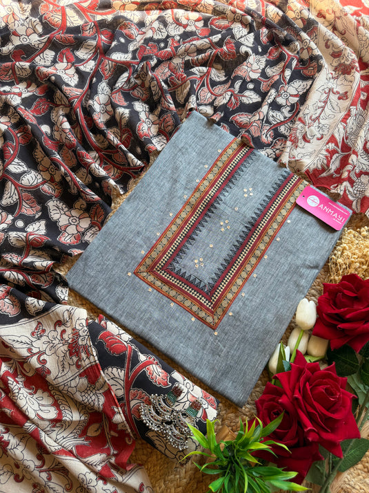 Handloom South cotton shirt with Kalamkari cotton bottom dupatta