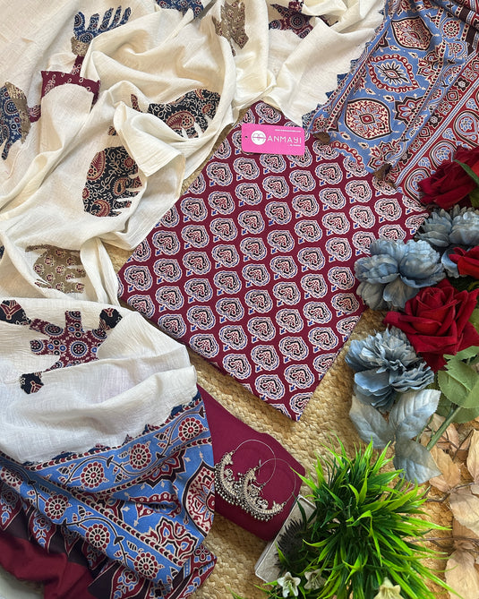 Pure Cottons Ajrakh with patched cotton dupatta