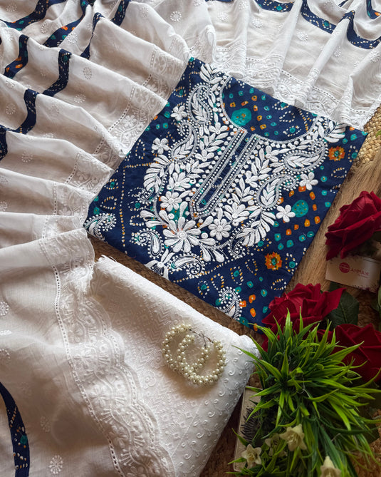 Bandhani print chikan neck pure cotton suit set