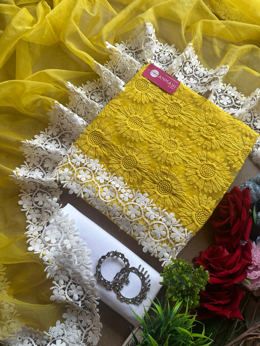 Sunflower organza suit set with crochet lace work