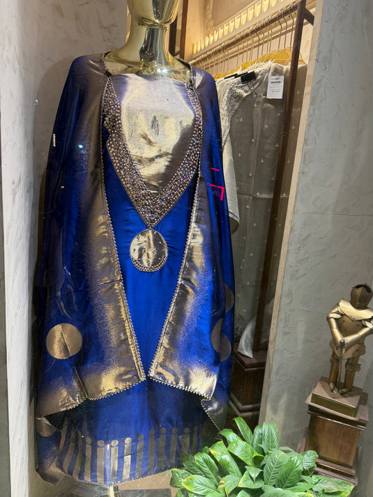 Kanjivaram royal blue elongated V neck suit set