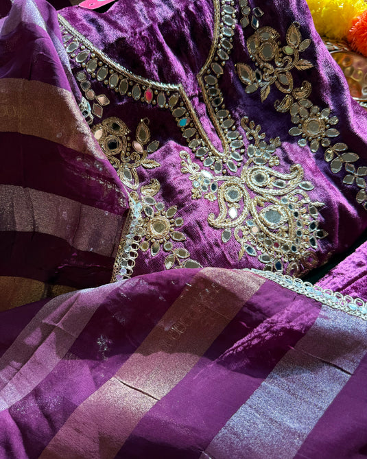 Hand work mirror design pure velvet suit set