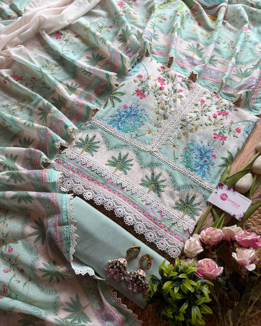 Palm scene patterned soft Mul cotton suit set with ombre effect