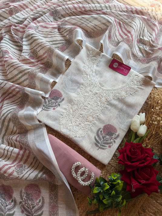 Block print ivory linen suit set