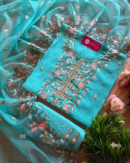 Modal muslin parsi machine work suit set with organza dupatta