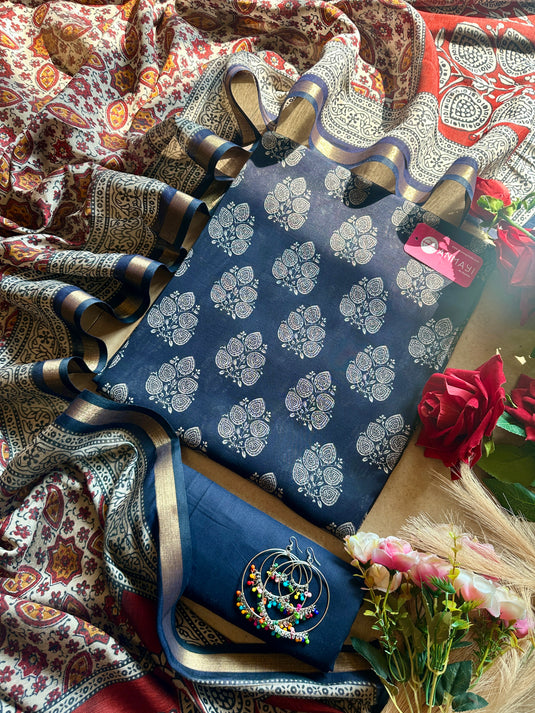 Dabbu print fine Maheshwari cotton silk suit set with cotton bottom