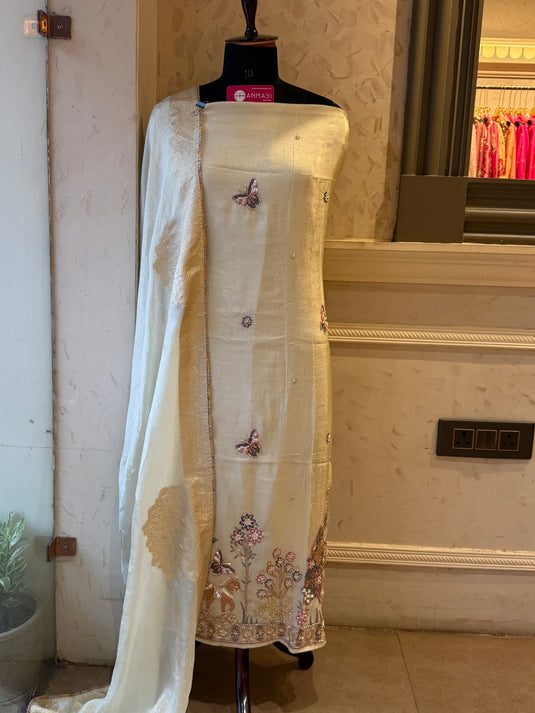 Garden work shimmer silk suit set with satin silk dupatta