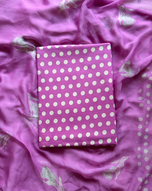 Soft cotton polka dots suit with chiffon block print dupatta