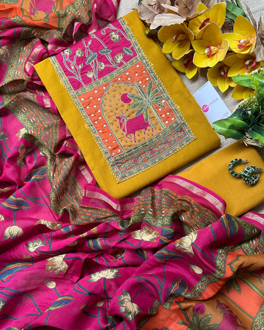 Pichwai detailed pure cotton Banarasi work suit with Maheshwari dupatta