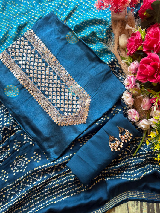 Gajji silk bandhani pita work suit set