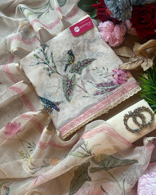 Kota Banarasi ivory bird pattern suit sets