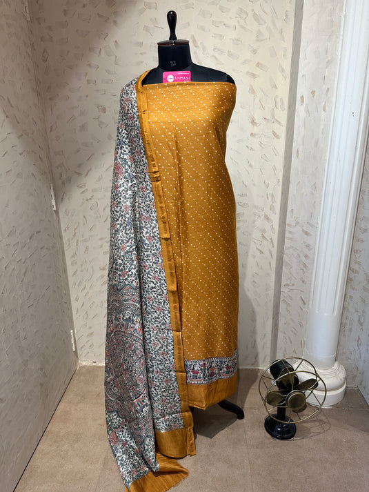 Madhubani bandhani fusion print pure Maheshwari silk suits
