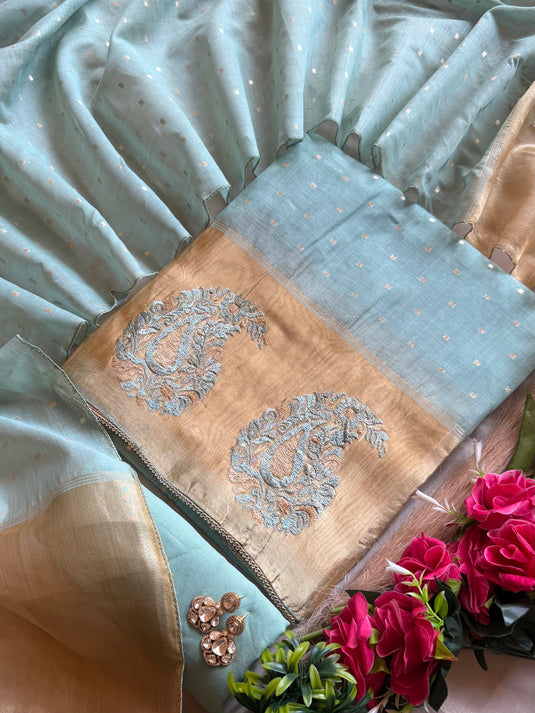 Pastel Jamdani Zari weave Chanderi suit set