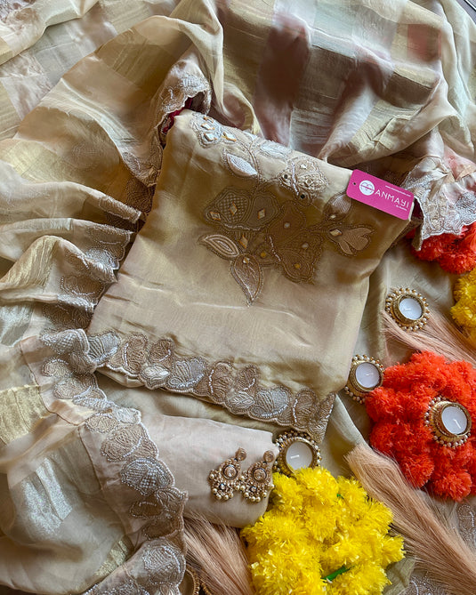 Shimmer silk suit set with banarasi layer dupatta and pearl work details
