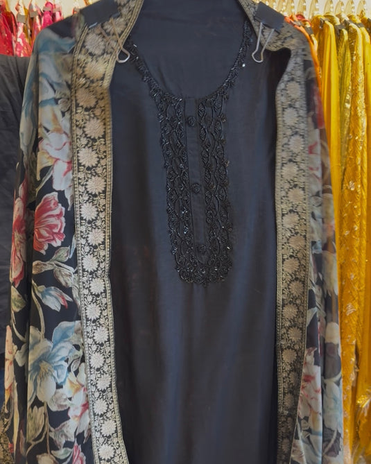 Upada Silk hand embroidered neck suit set with floral chinnon stole